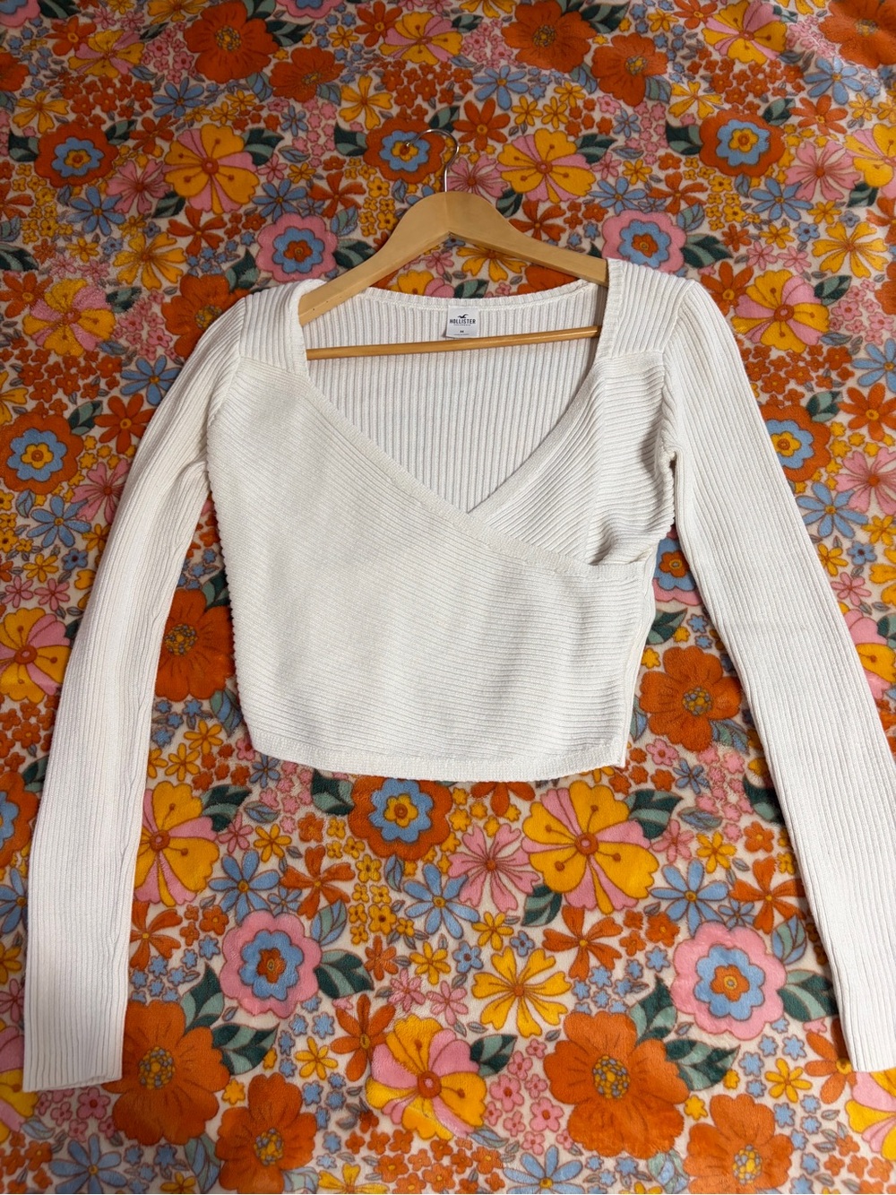 Hollister Cream Ribbed Wrap Crop Top